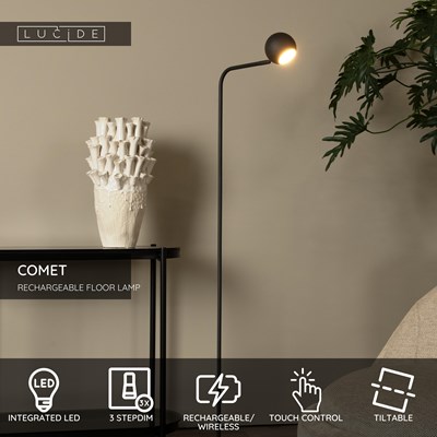 Lucide COMET - Rechargeable Floor lamp - Battery pack- LED 3 StepDim - 1x3W 2700K - Black